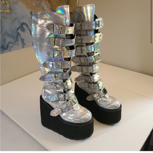 Demonia Holographic Knee High Buckle Boots